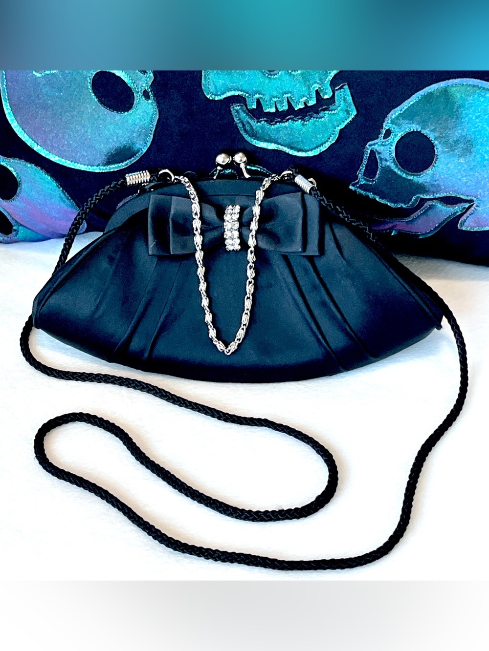 Apt. 9 Black Satin Ruched Evening Clutch Bag with Rhinestone Bow Accent